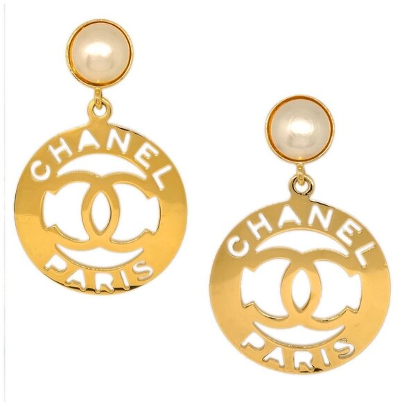 Chanel Hoop Earrings Gold Artificial Pearl Clip-On 192550